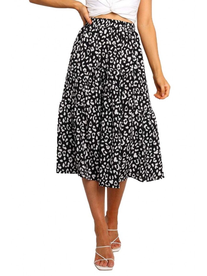 Women's Boho Leopard Print Skirt Pleated A-Line Swing Midi Skirts 