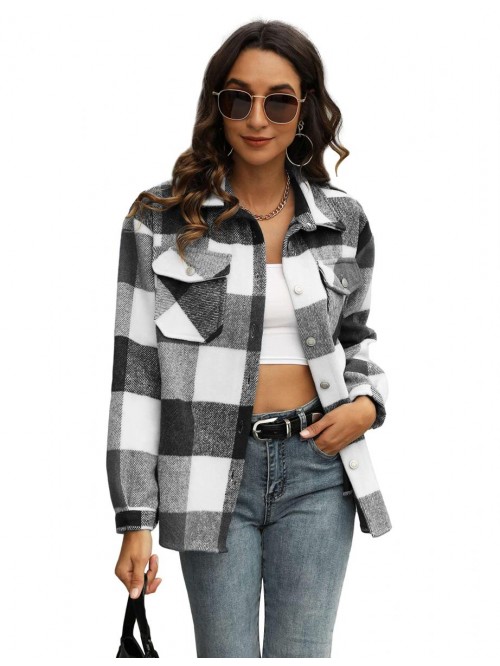 Womens Casual Plaid Wool Blend Button Down Long Sl...