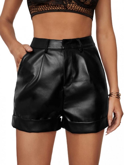 Women's High Waisted PU Leather Shorts Roll Hem Sh...