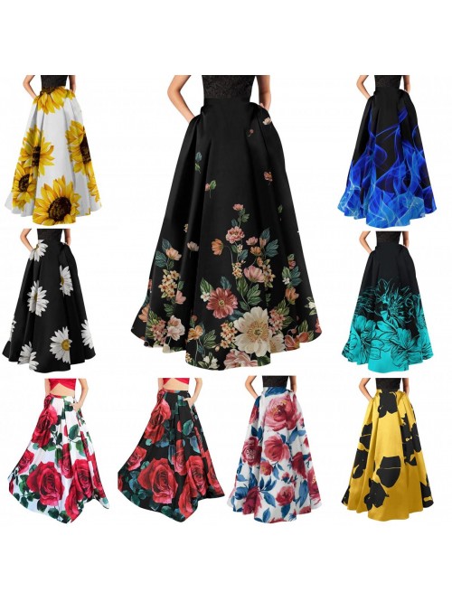 Women Bohemian Floral Printed Maxi Skirt High Wais...