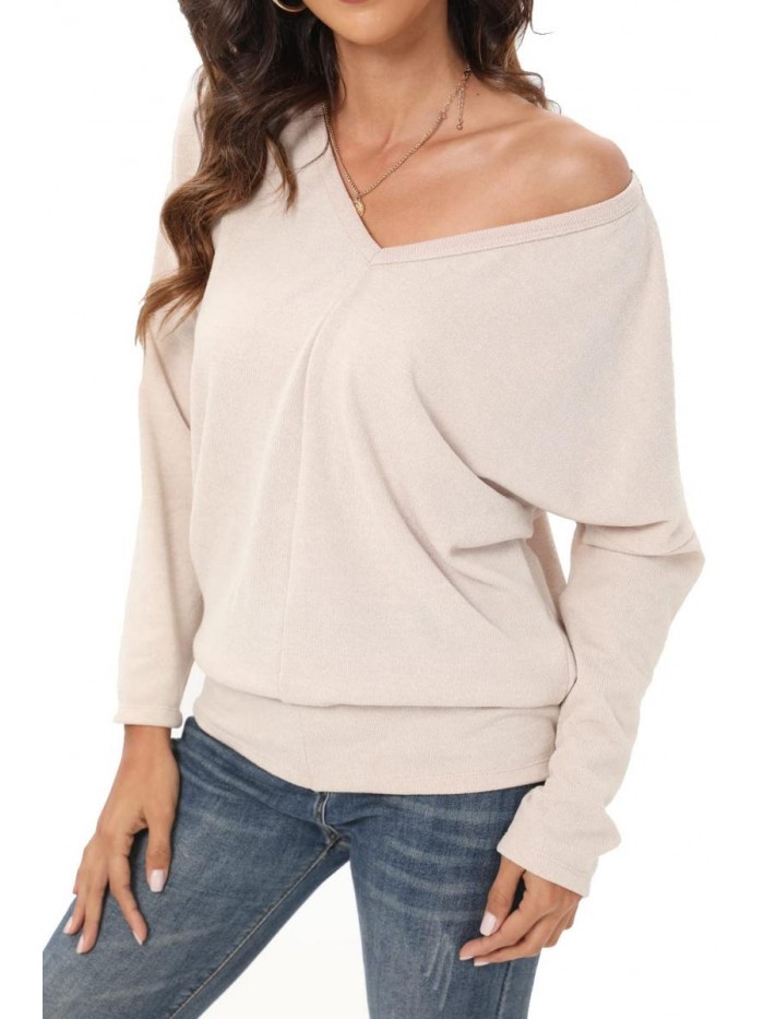 Loose Knit V Neck Lightweight Sweaters Warm Long Sleeve Casual Tops 