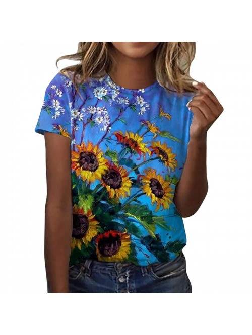 T-Shirt Women Summer Casual 3D Colorful Floral Pri...