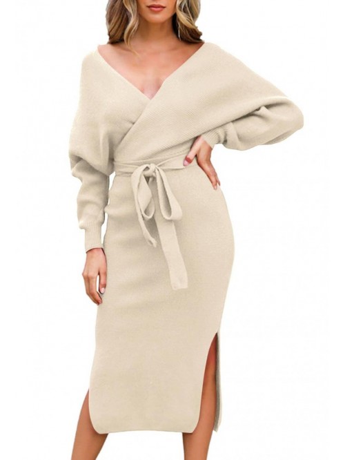 Women's Elegant V Neck Wrap Knit Dresses Batwing S...