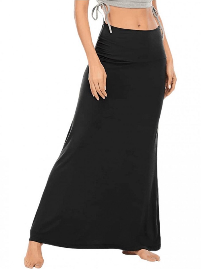 Women's Casual High Waist Solid Flare Long Maxi Skirt 