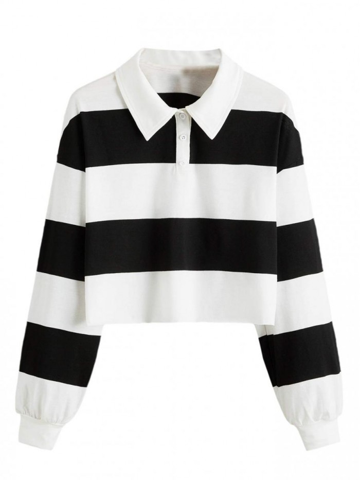 Women's Long Sleeve T-Shirt Button Front Striped Polo Shirt 