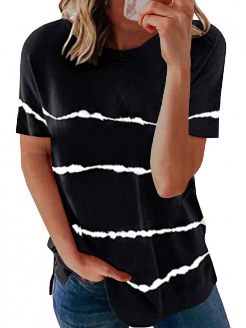 Womens Striped Color Block Short Sleeve Causal Blo...