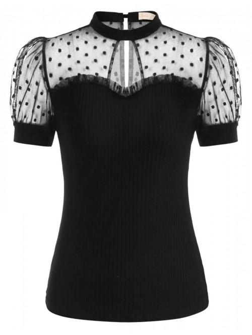 Poque Retro Sheer Top Polka Dot Top Vintage Mesh S...