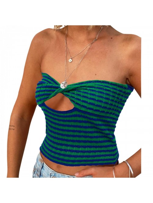 Women's Sexy Crop Top Sleeveless Striped Print Rib...