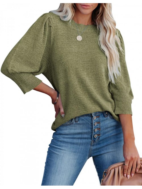 Womens Puff Sleeve Crewneck Sweater 3/4 Sleeve Cas...