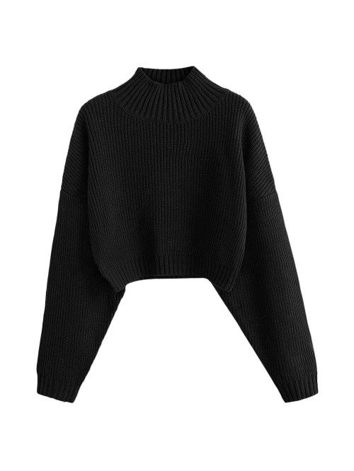 Women's High Neck Lantern Sleeve Ribbed Knit Pullo...