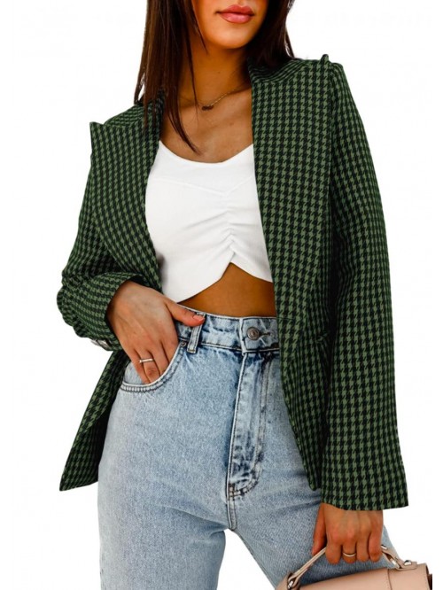 Women's Long Sleeve Plaid Blazers Houndstooth Open...