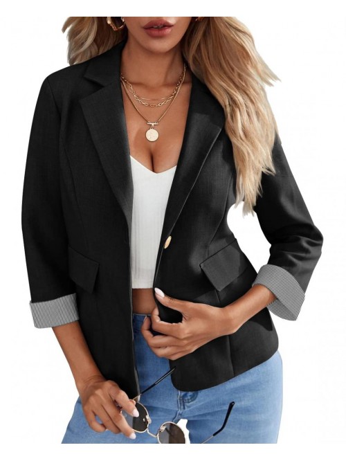 Casual Buttons Blazers 3/4 Long Sleeve Work Office...