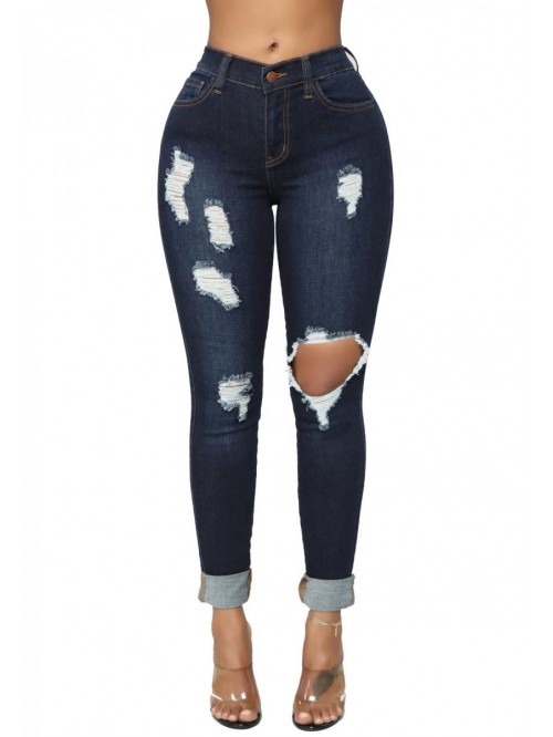 Women's Skinny Jeans Ripped Mid Rise Stretch Destr...