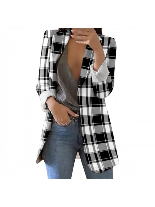 Women Plaid Blazers Open Front Long Sleeve Lapel C...