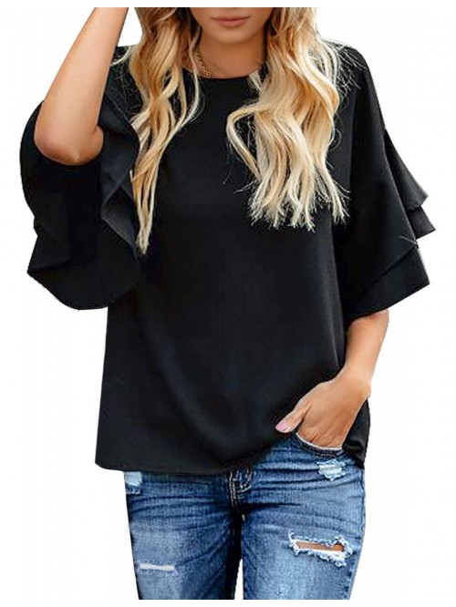 Women's Casual 3/4 Tiered Bell Sleeve Crewneck Loo...