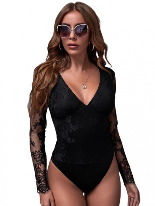 Women's Floral Lace Deep V Neck Mesh Long Sleeve S...