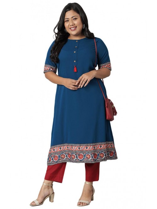 Indian Women's Plus Size Teal Poly Crepe Kurta 