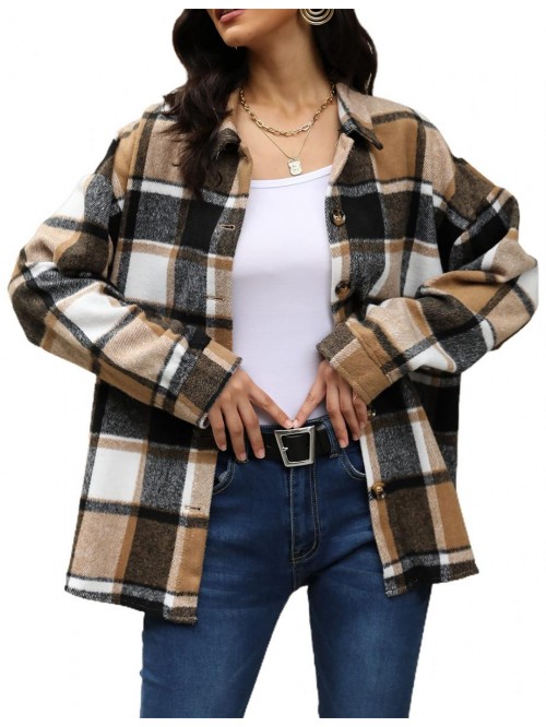 Womens Casual Plaid Button Down Long Puff Sleeve L...