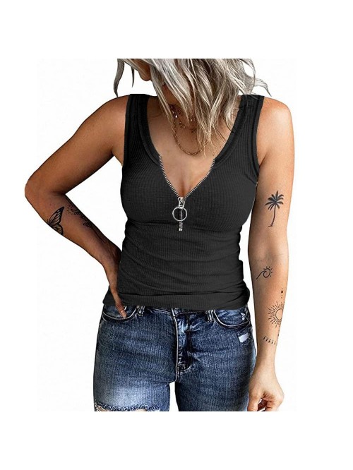 Women's Henley Sleeveless Tank Tops Front Zipper R...