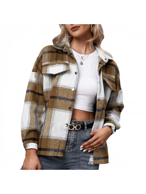 Plaid Shacket/Jacket- Oversized Wool Loose Lapel C...