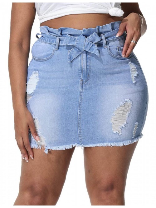 Plus Size Denim Mini Skirt for Women A-line Distre...