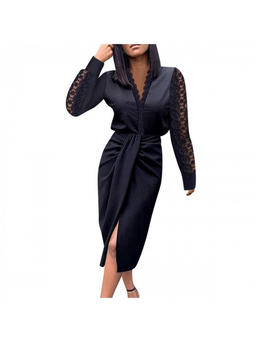 V Neck Pencil Work Dresses Floral Lace Long Sleeve...