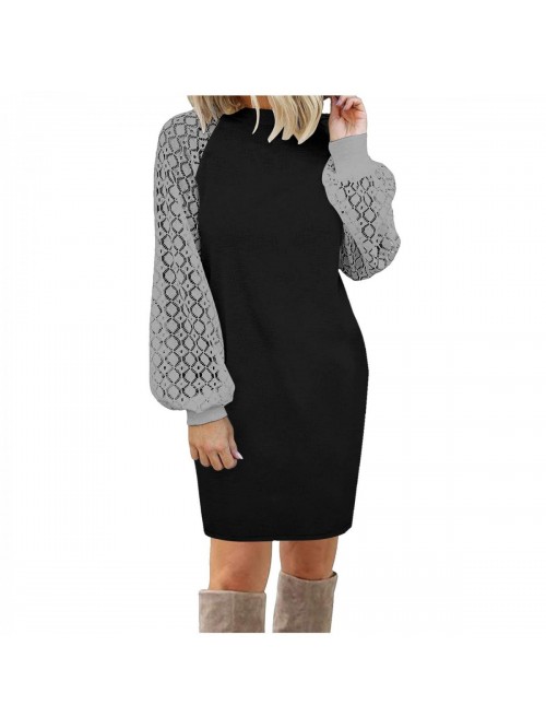 Long Lantern Sleeve Pencil Dress for Women Solid C...