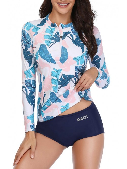 Women 2 Piece Rash Guard Long Sleeve Zipper Bathin...