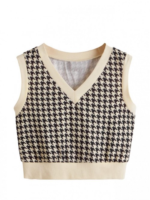 Women's Houndstooth Sleeveless V Neck Pullover Kni...