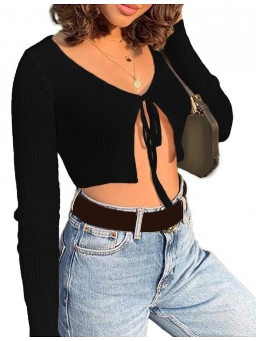 Women's Front Tie Up Crop Top Shirt Long Sleeve La...