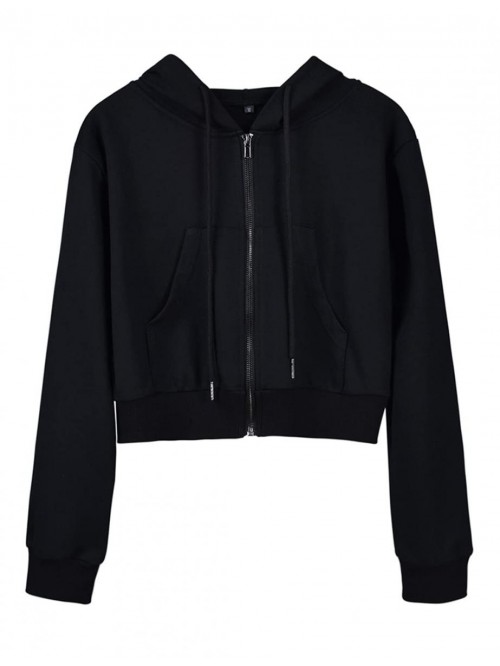 Women's Cropped Hoodie Black Zip Up Cropped Jacket...