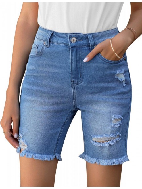 Women's High Waisted Bermuda Shorts Ripped Distres...