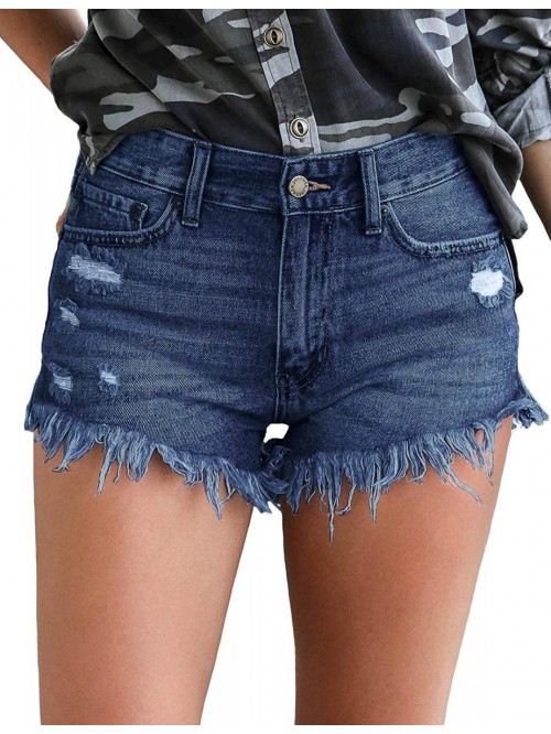 Waisted Jean Shorts for Women Frayed Raw Hem Rippe...