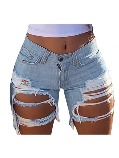 Women Ripped High Waist Denim Shorts Summer Sexy C...