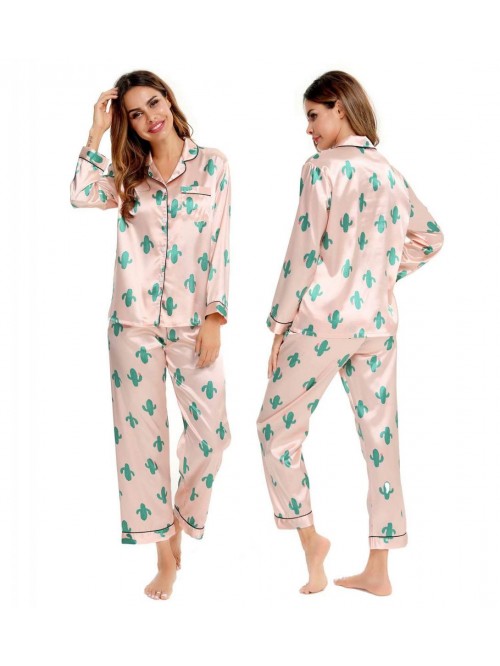 Womens Silk Satin Pajamas Loungewear Two-piece Sle...