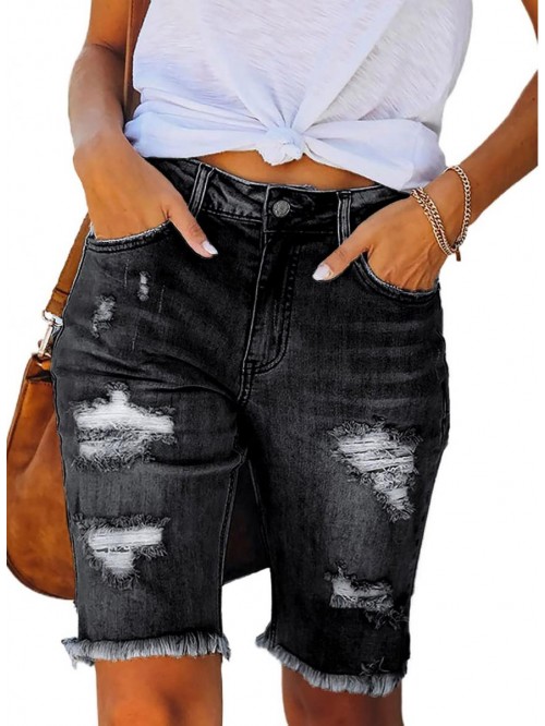 Women Mid Rise Denim Ripped Bermuda Shorts Distres...