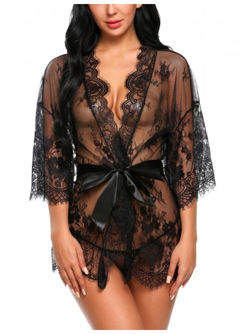 Women's Lace Kimono Robe Babydoll Lingerie Mesh Ni...