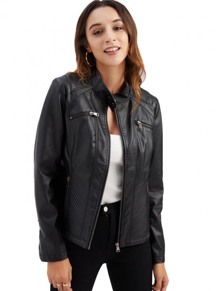 Women Cropped Fitted Faux Leather Moto Jacket 