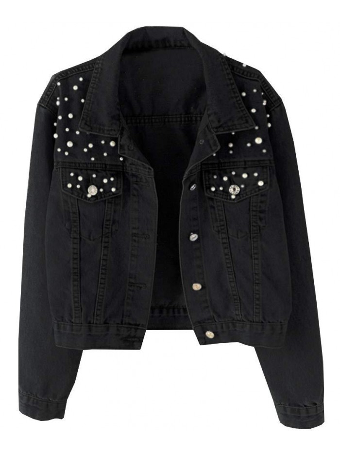 Women Oversized Denim Jacket Embroidered Pearls Beading Jeans Coat 