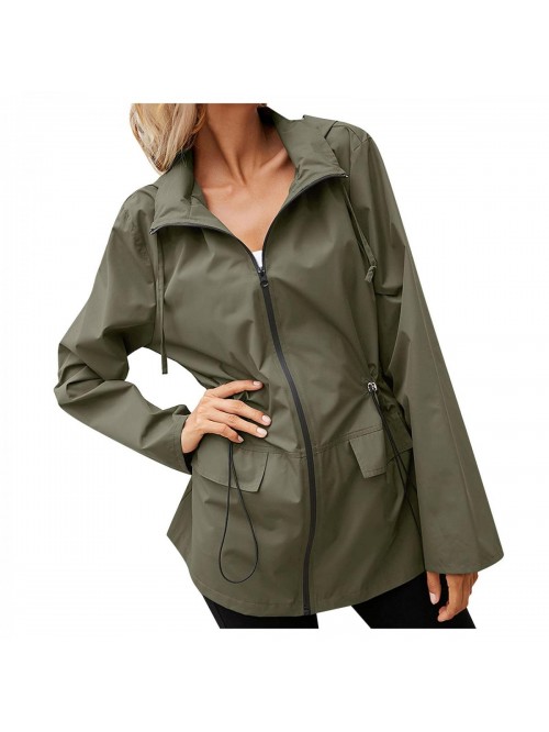 Fall Solid Hooded Zipper Drawstring Coat Windproof...