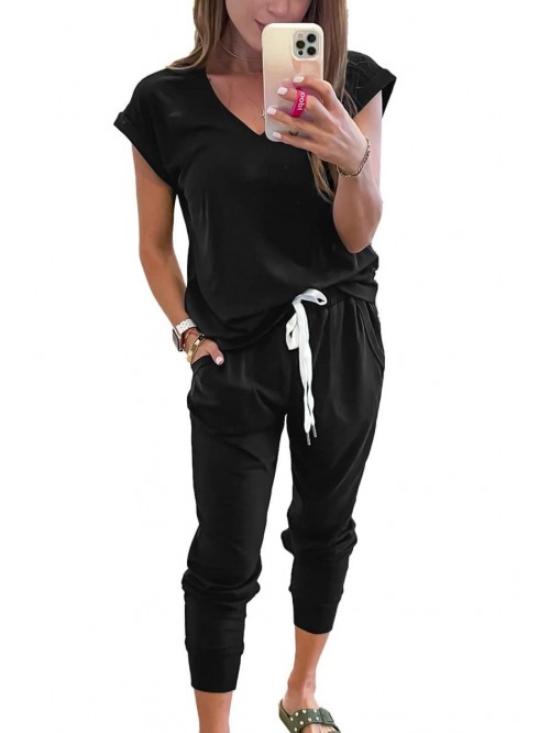 Women's Two Piece Tracksuit V Neck Short Sleeve To...