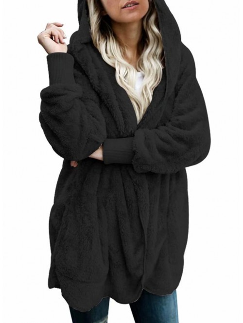 Womens Long Sleeve Solid Fuzzy Fleece Open Front H...