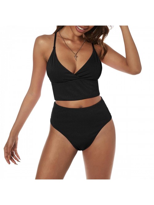 Women's V Neck Tankini Set, Ribbed High Cut Surpli...