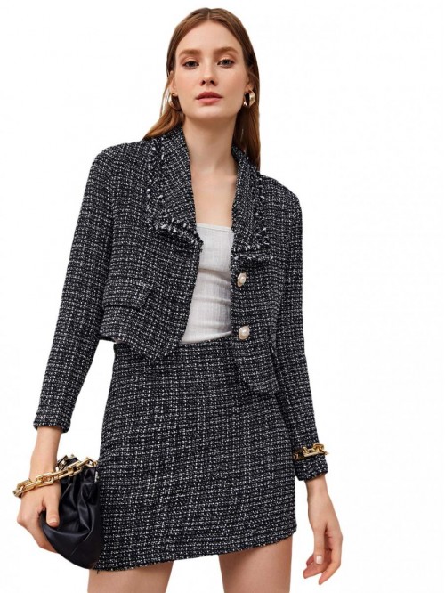 Women's Business Suit 2 Pieces Tweed Blazer Jacket...