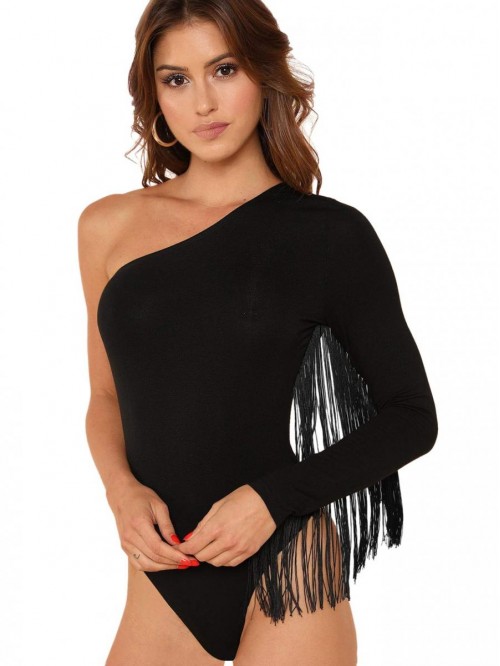 Verdusa Women's Fringe Trim One Shoulder Long Slee...